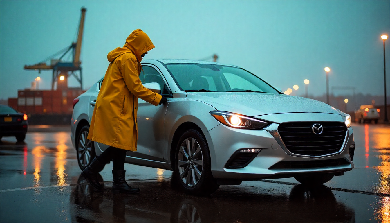 Driver securing a vehicle on an open carrier