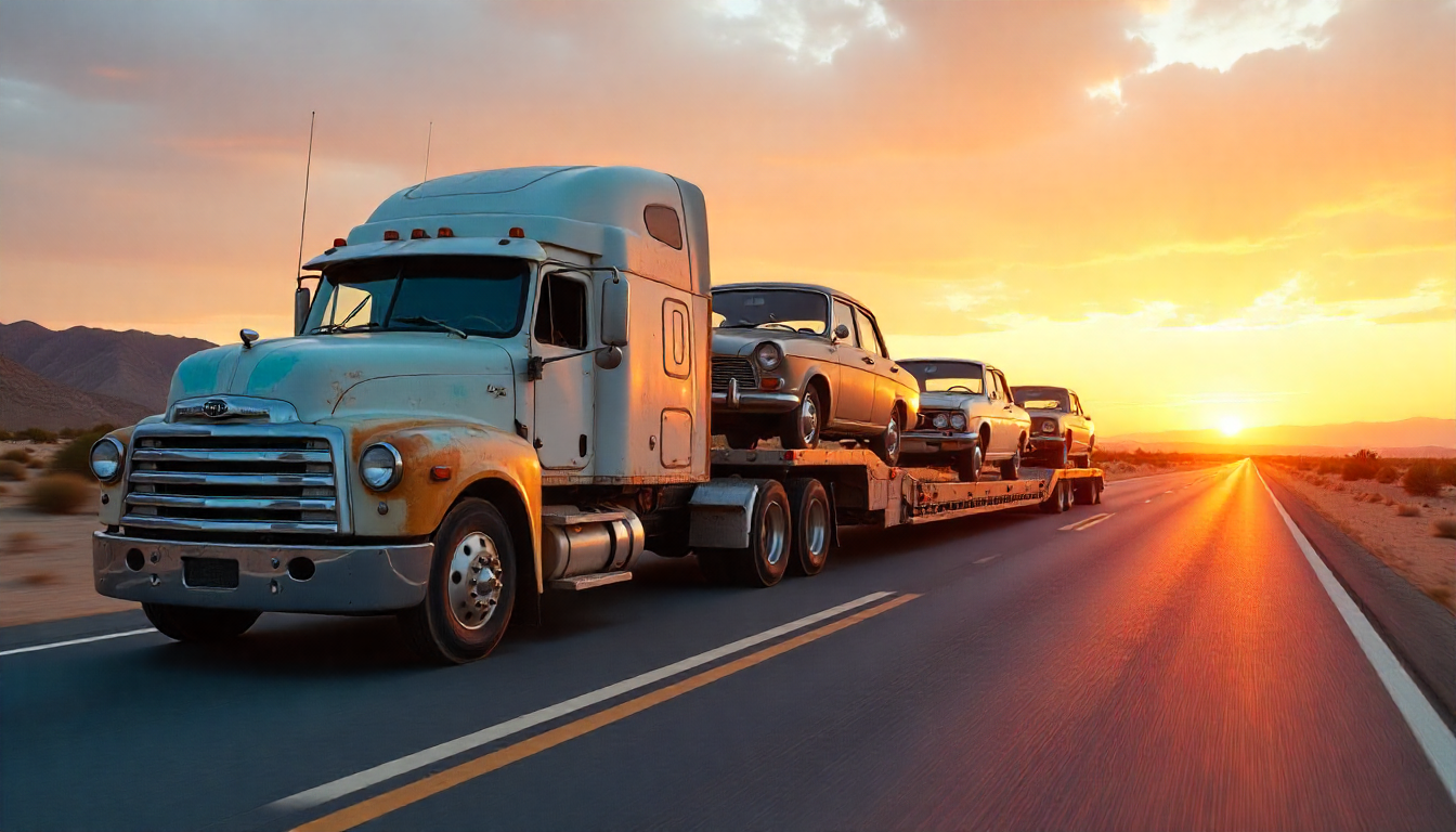Open car carrier transporting vehicles on a highway